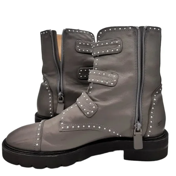 Stuart Weitzman Gray Jesse Lift Pearl Studded Leather Combat Boots SZ 7.5